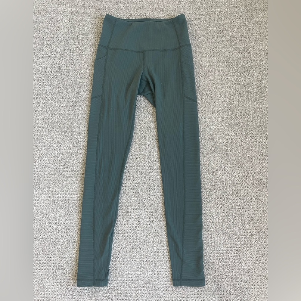 Zella Dark Green Ribbed Leggings, size S
